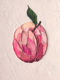 A single pink peach carved in thick paint on white