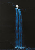 A blue waterfall pouring from black cliffs beneath a full moon