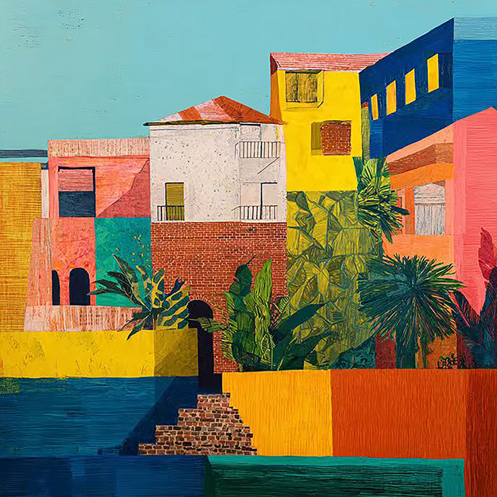 Bright stacked houses in red, blue and yellow above lush palms