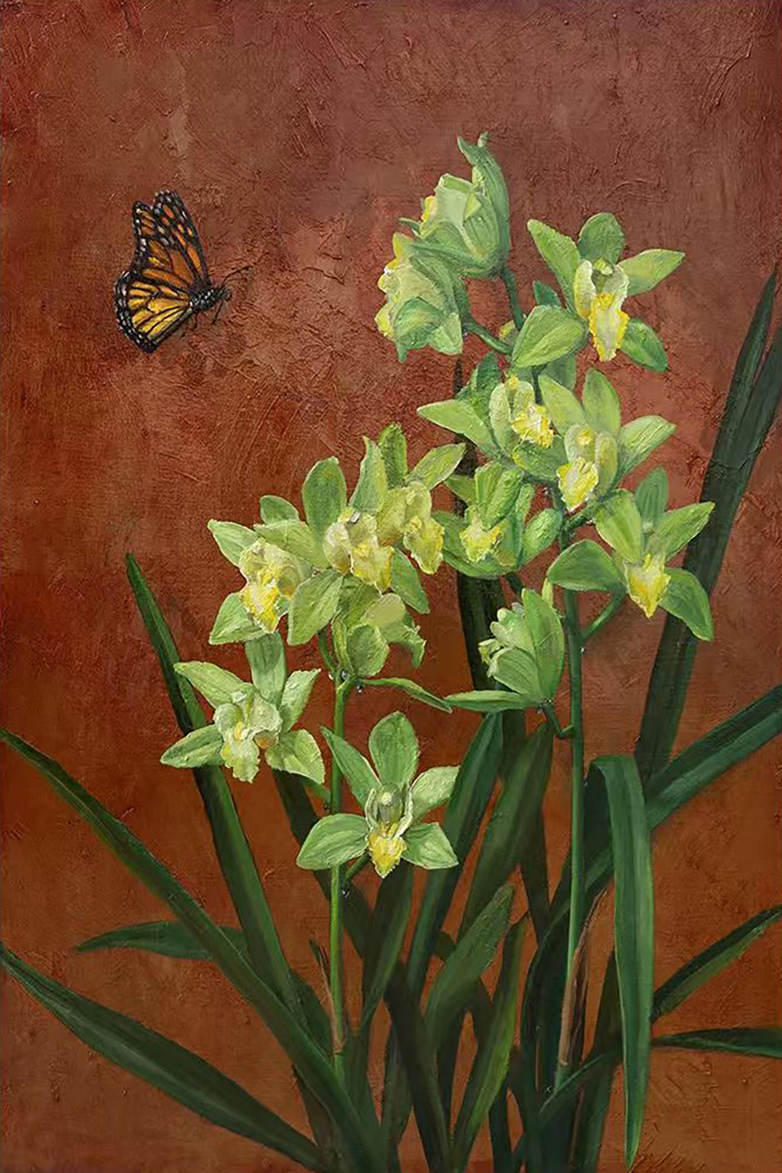 A green cymbidium orchid and a butterfly against rust brown