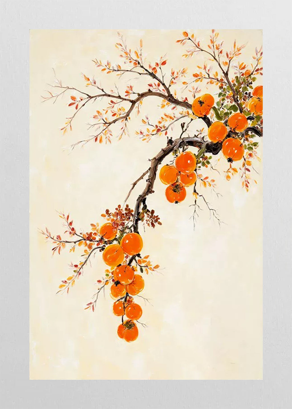 A branch of glossy orange persimmons on a pale cream panel