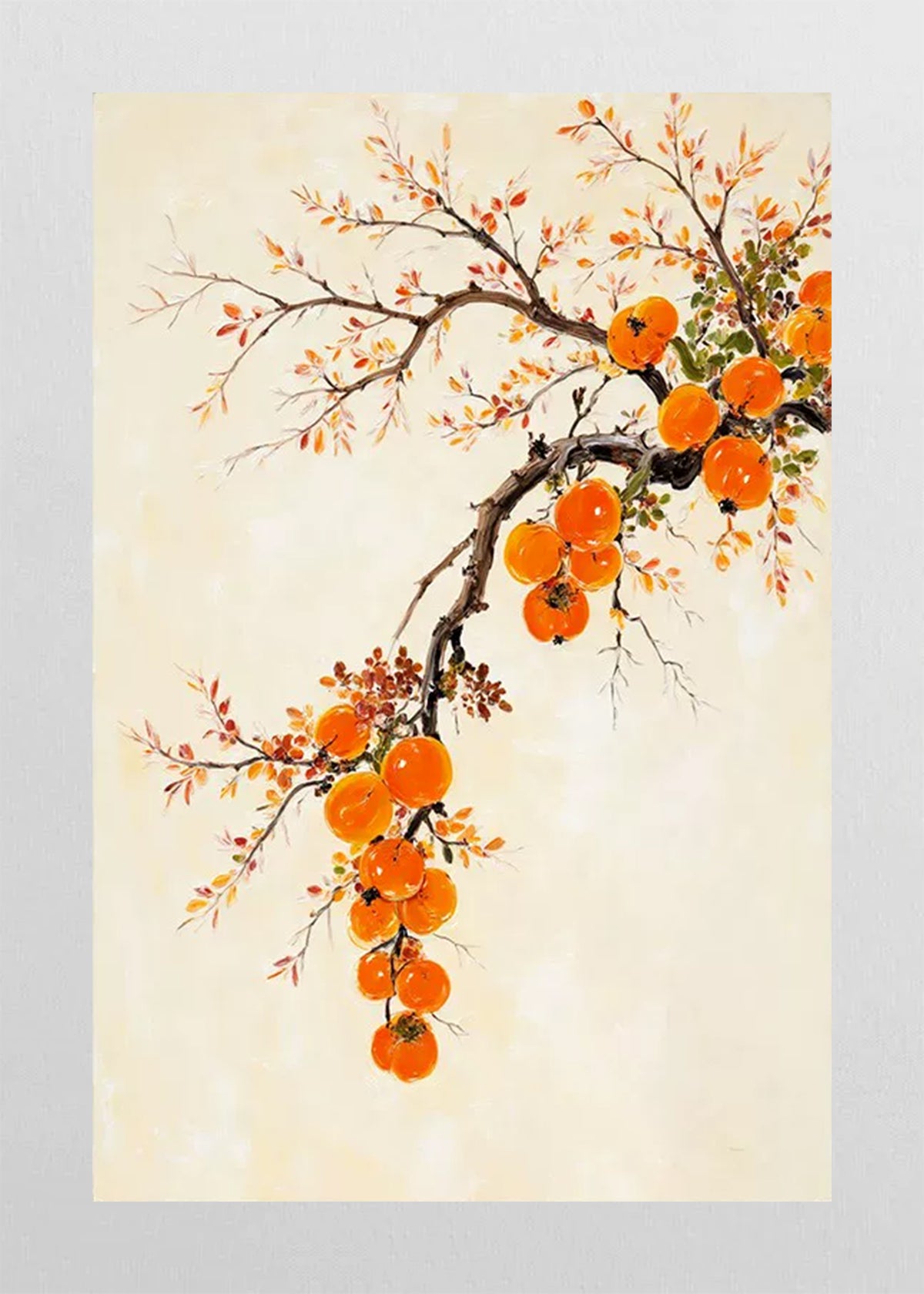 A branch of glossy orange persimmons on a pale cream panel