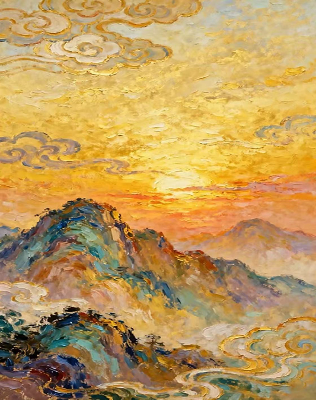 Swirling gold clouds above jewel-toned mountain ridges at sunset