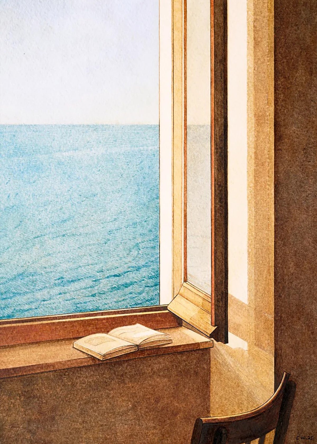 A wooden window open to a calm turquoise sea, a book on the sill