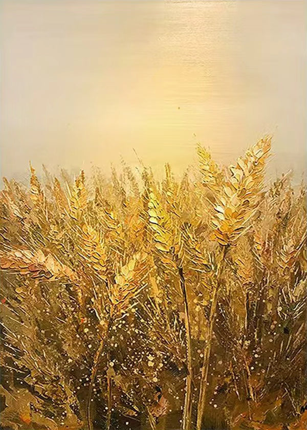Ripe wheat ears glowing under a soft golden sky