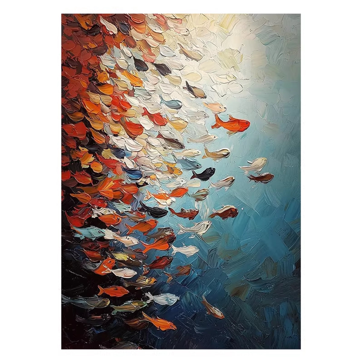 A sweep of red, cream and slate fish swimming toward a pale light