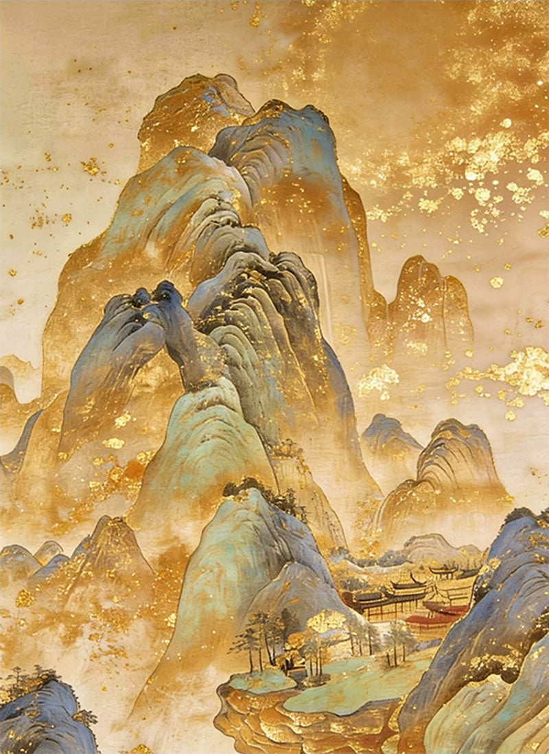 Layered blue-green peaks glowing with gold leaf and drifting mist