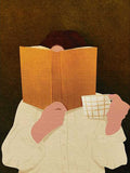 A figure hidden behind an orange book, holding a checked mug