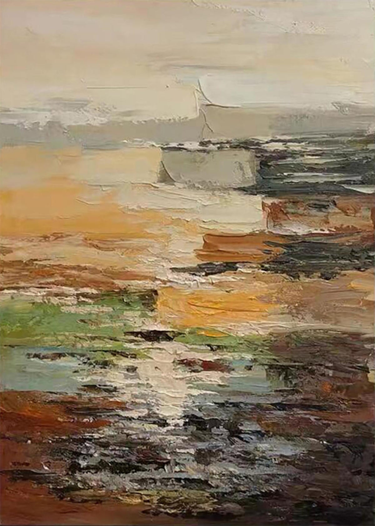 Broad palette-knife strokes of amber, sage and slate along a hazy shore