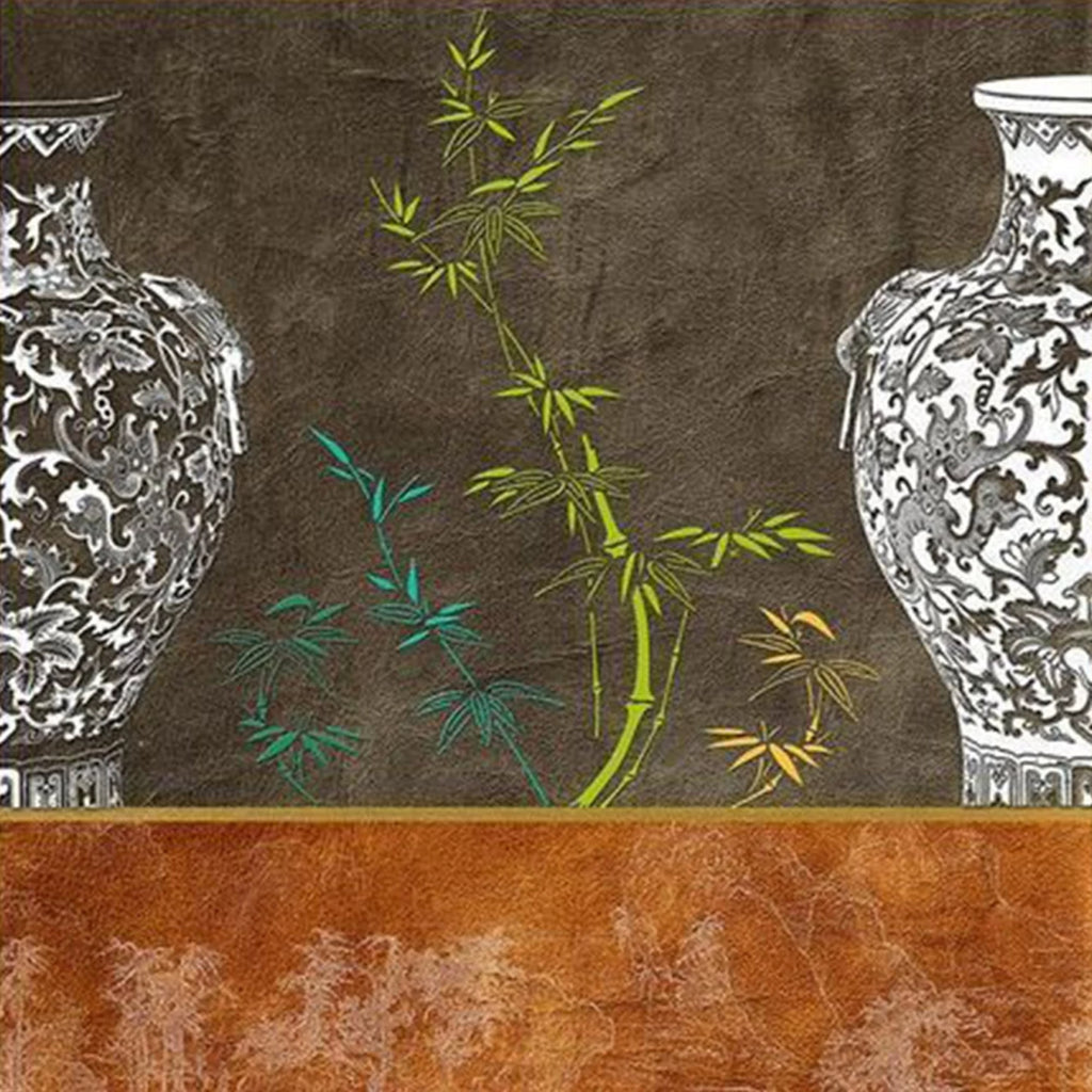Green bamboo between two blue-and-white jars on dark umber