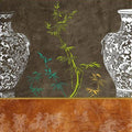 Green bamboo between two blue-and-white jars on dark umber