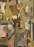 Overlapping vessels, circles and patterned planes in olive, rose and umber