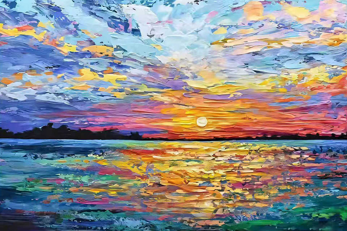 A blazing sunset over a lake painted in vivid bands of purple, orange, teal and gold