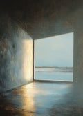Light falling through a large opening in a dim concrete room onto a pale, still sea