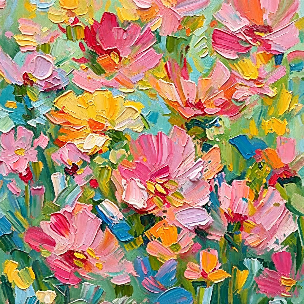 Pink, coral, yellow and blue blossoms crowded together in thick, joyful palette-knife strokes