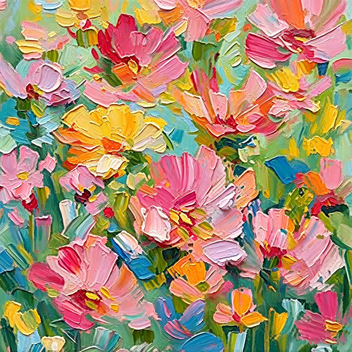 Pink, coral, yellow and blue blossoms crowded together in thick, joyful palette-knife strokes