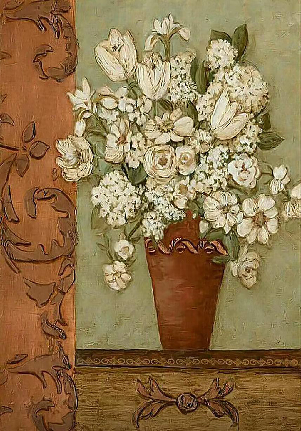 Cream roses and white blossoms in a terracotta urn beside a carved rust panel, in faded antique tones