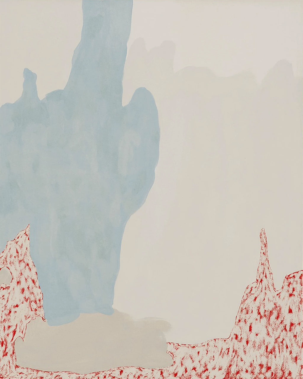 A soft pale-blue shape rising over a flat cream ground, edged by speckled red at the bottom