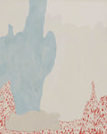 A soft pale-blue shape rising over a flat cream ground, edged by speckled red at the bottom