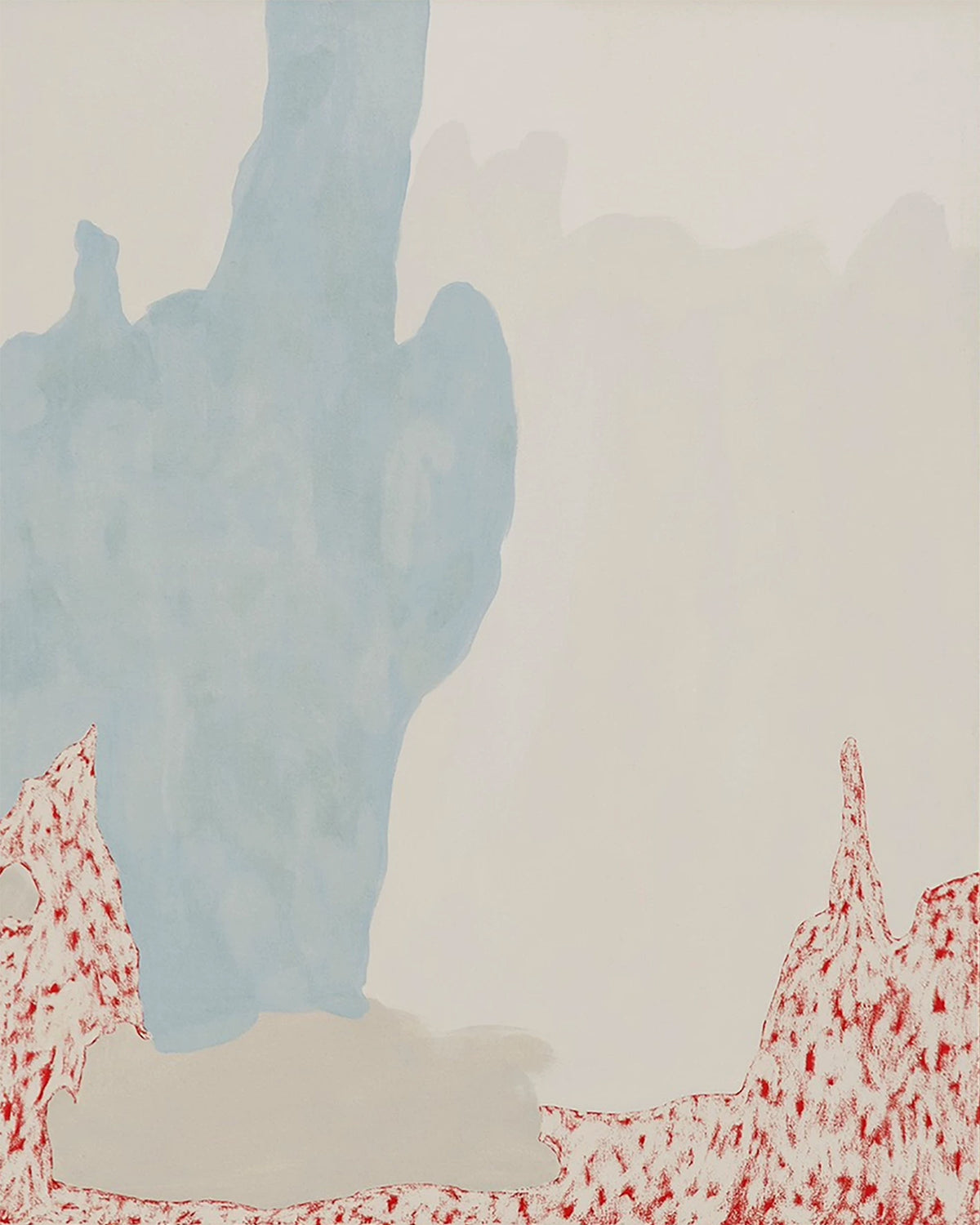 A soft pale-blue shape rising over a flat cream ground, edged by speckled red at the bottom