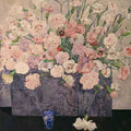 A hand-painted reproduction of Charles Rennie Mackintosh's Pinks (1922–23): pale carnations in a violet box with a small glass