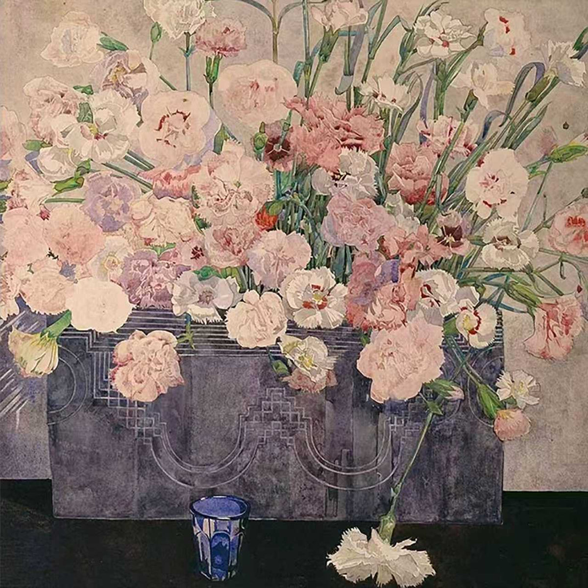 A hand-painted reproduction of Charles Rennie Mackintosh's Pinks (1922–23): pale carnations in a violet box with a small glass