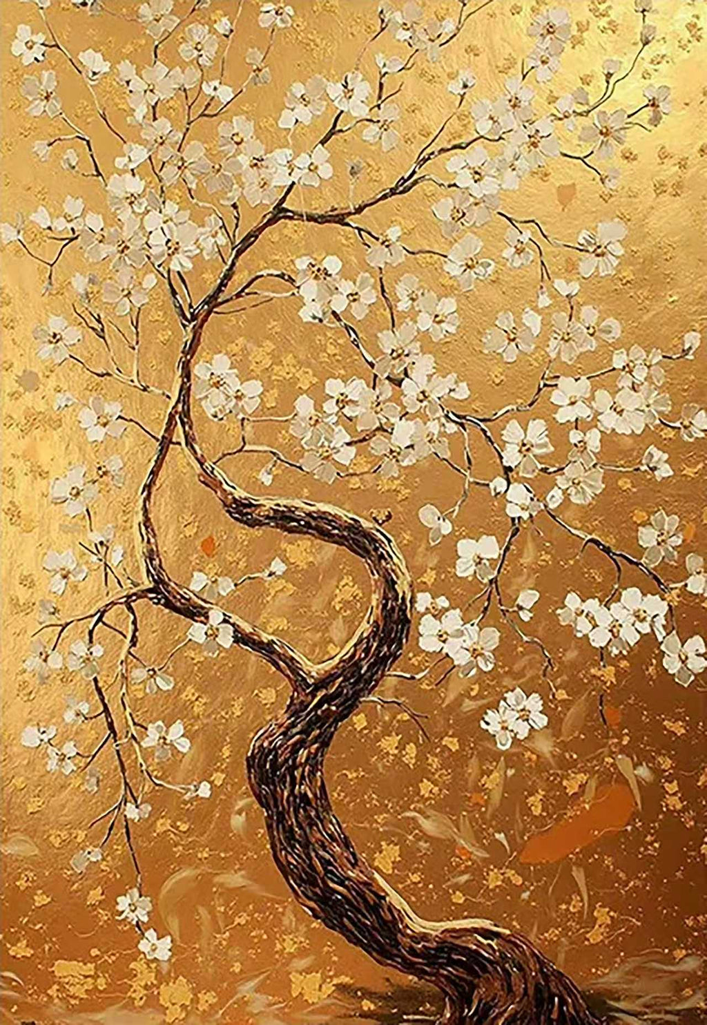 A twisting tree covered in white blossoms on shimmering gold