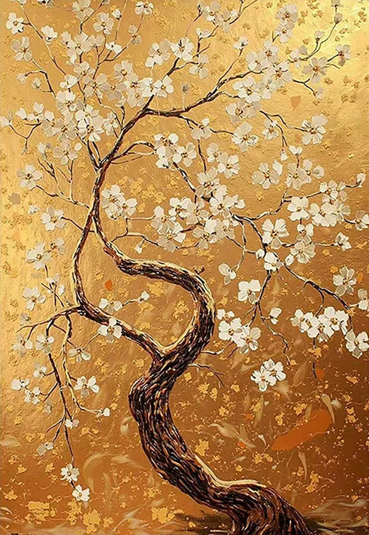 A twisting tree covered in white blossoms on shimmering gold