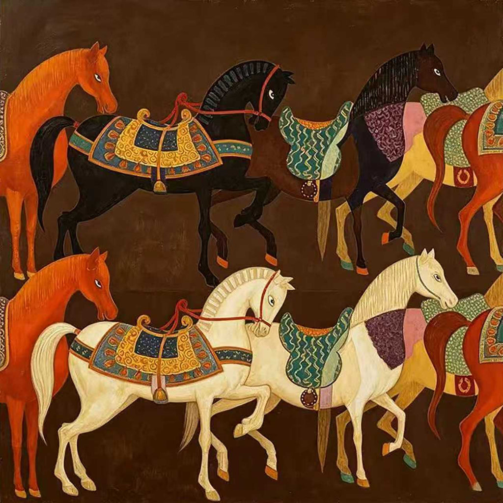 Rows of horses in rust, black and cream wearing ornate patterned saddles on a dark brown ground