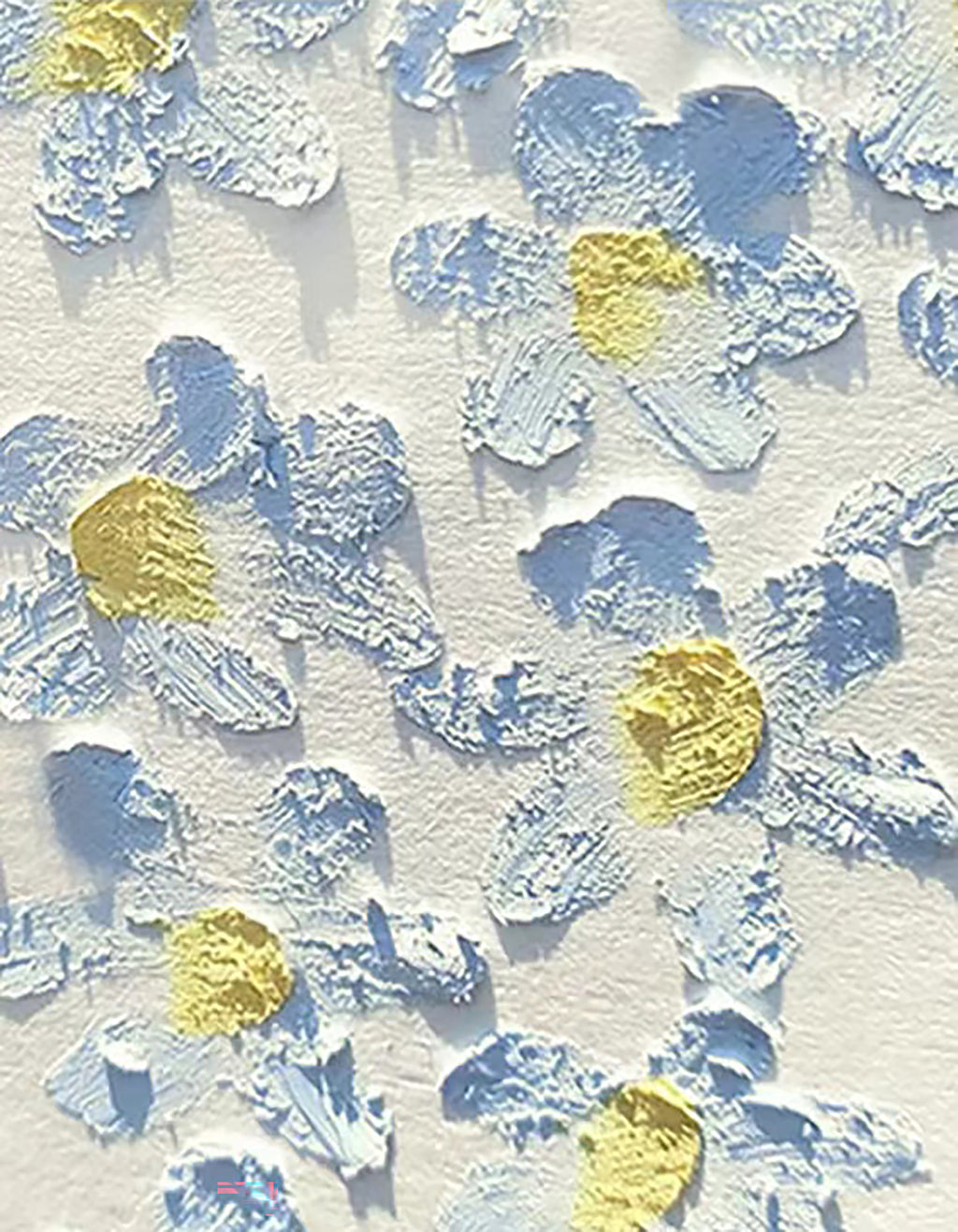 Sculpted pale blue petals scattered with gold on white
