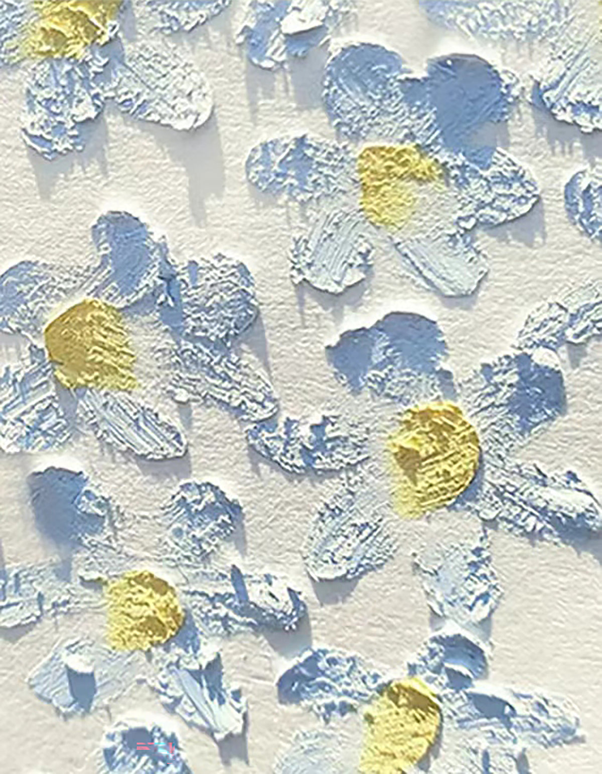 Sculpted pale blue petals scattered with gold on white