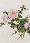 Pink peonies and green leaves in fine gongbi detail on a textured white stucco ground