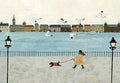 A figure in a yellow coat walking a little black dog along a riverside promenade with gulls and a town beyond
