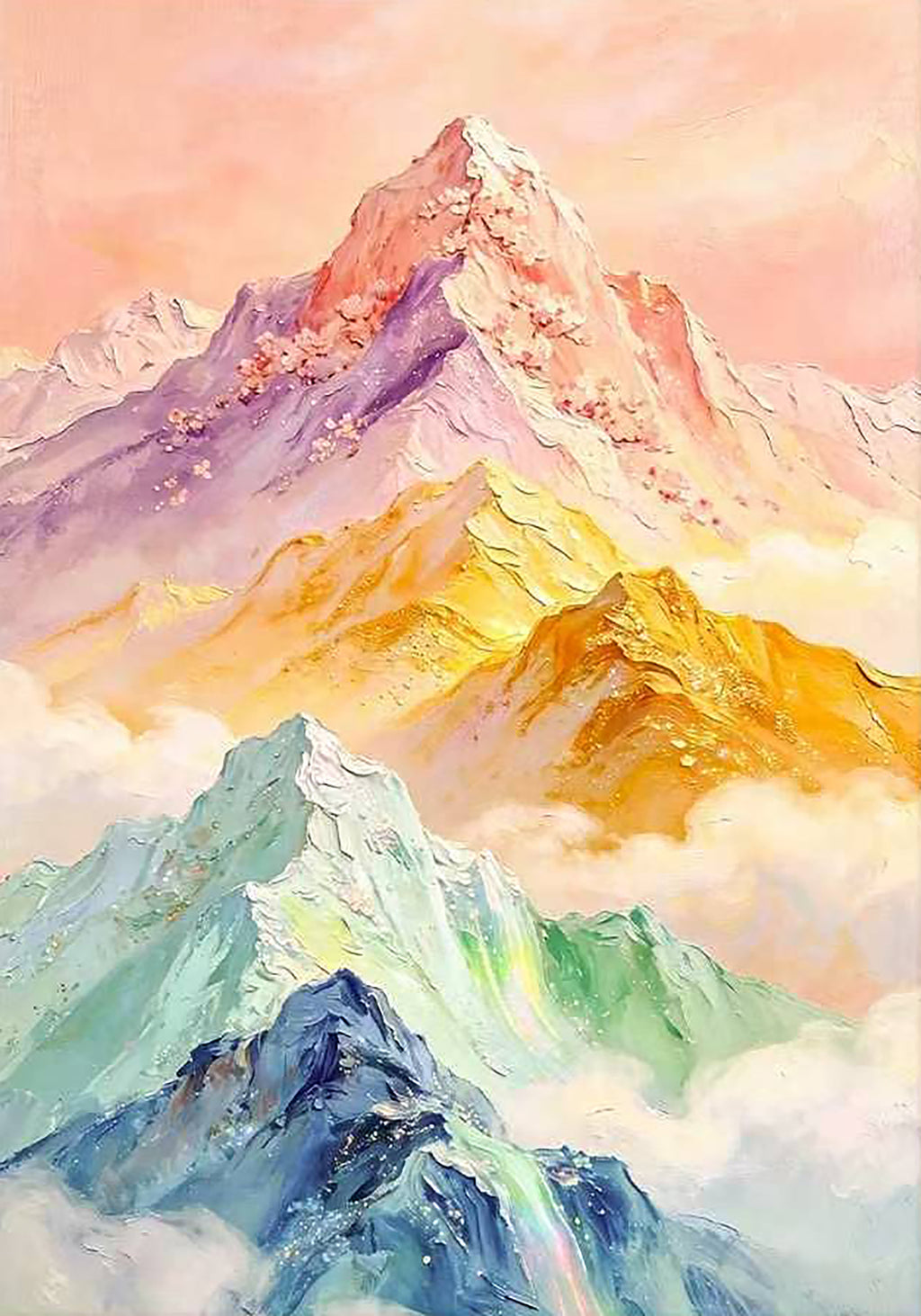 Snowy peaks glowing in bands of pink, lilac, gold and mint above soft white clouds