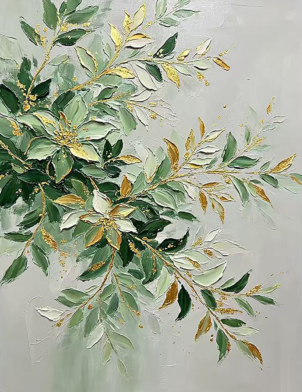 Sprays of sage and deep-green leaves tipped with gold in thick palette-knife strokes on grey-green