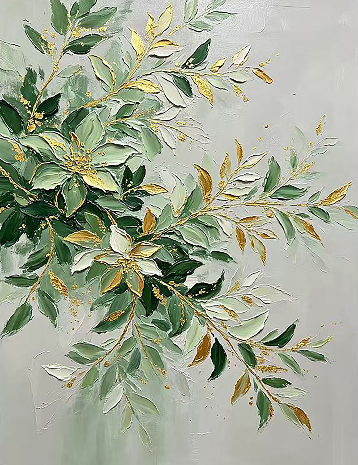 Sprays of sage and deep-green leaves tipped with gold in thick palette-knife strokes on grey-green
