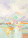 Soft pastel mountains reflected in a shimmering lake