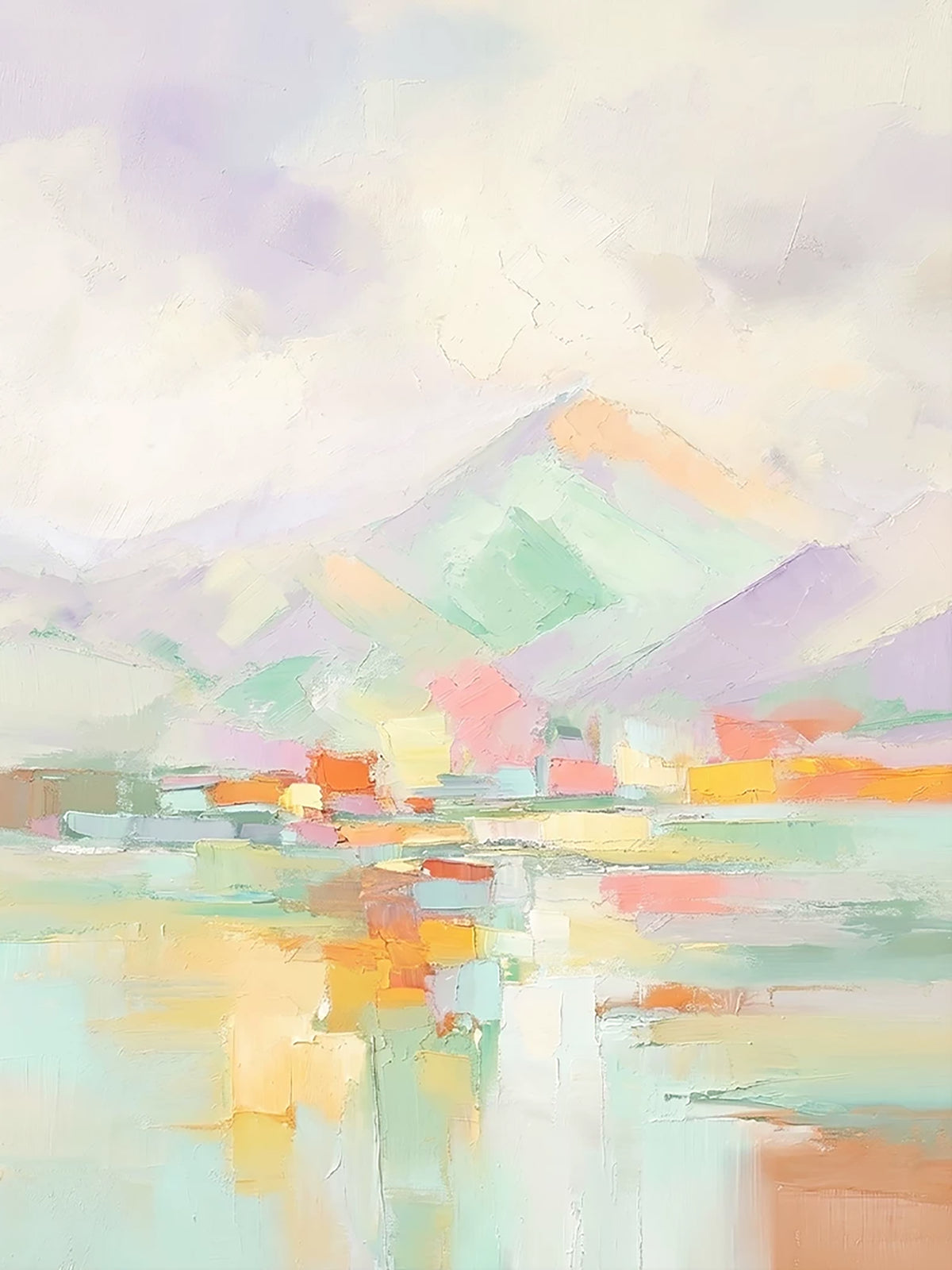 Soft pastel mountains reflected in a shimmering lake