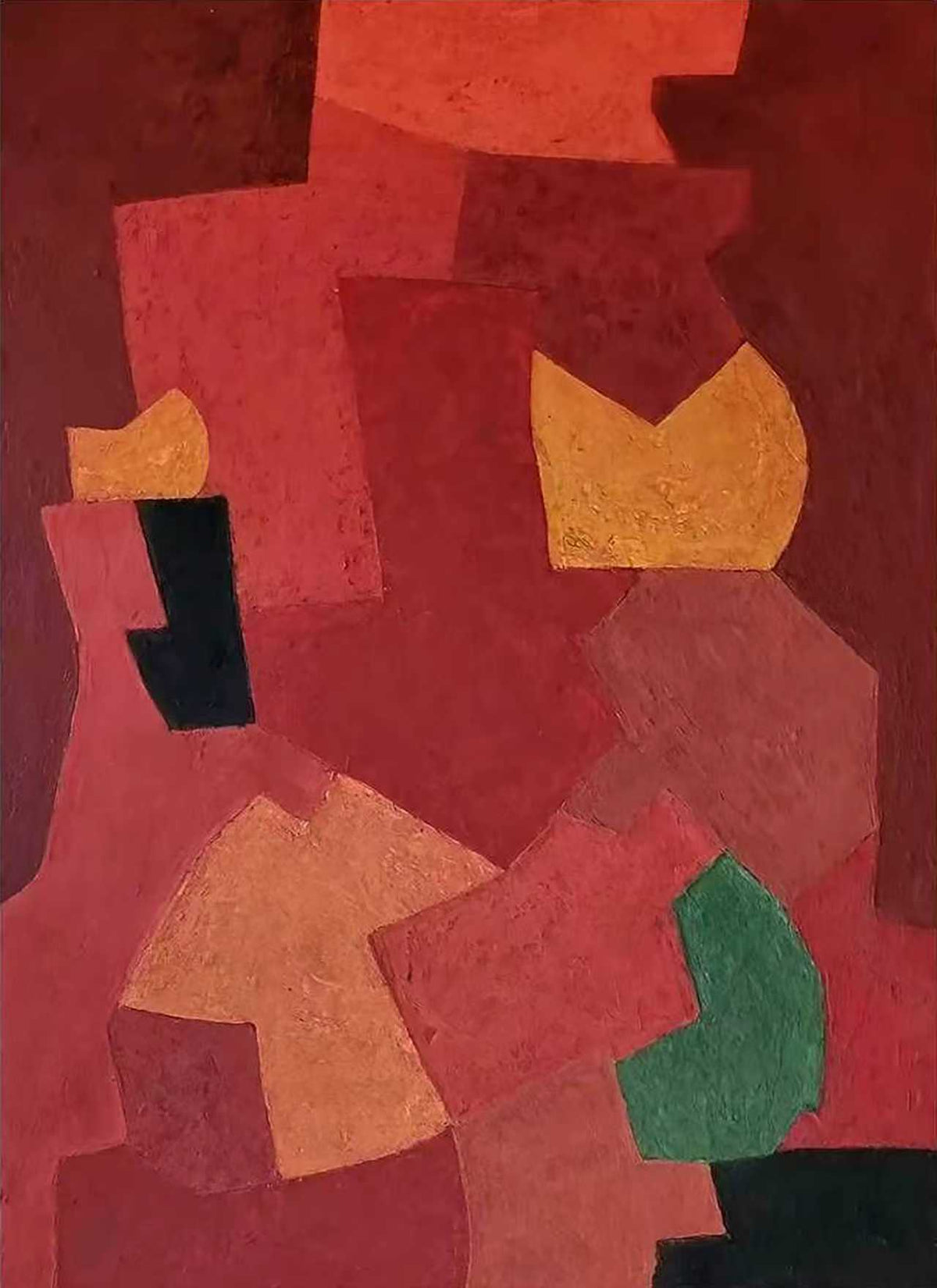 Overlapping flat shapes in crimson, coral and burgundy with touches of ochre, green and black