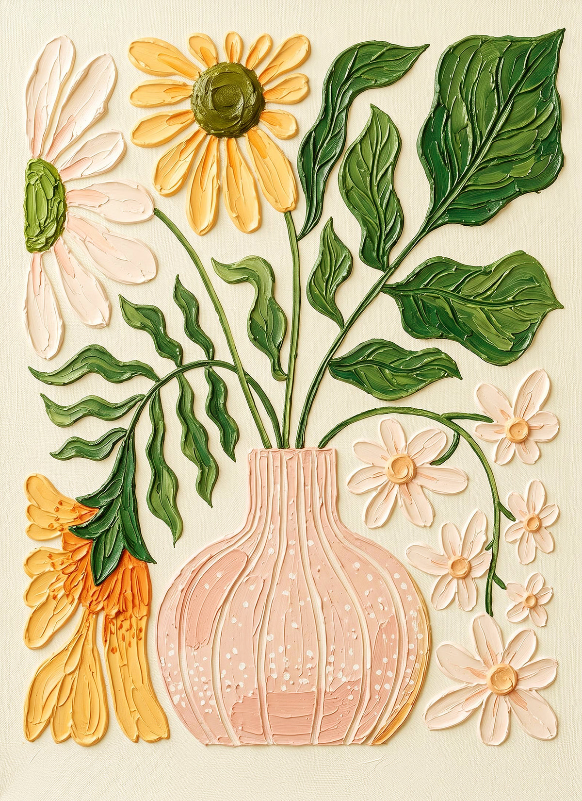 Sunny yellow daisies, white blooms and bold green leaves in a ribbed pink vase, in raised paint