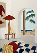 A white room with a red lamp, vases and a checkered rug opening through an arch to palms, dunes and sea