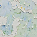 Sculpted white plaster ridges over mint and lilac washes