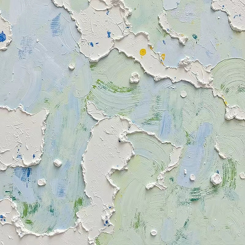 Sculpted white plaster ridges over mint and lilac washes