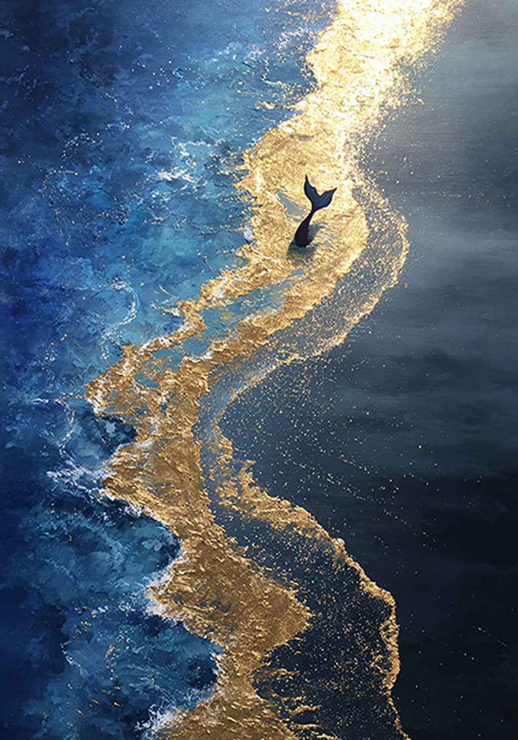 A whale's tail rising from a deep blue sea along a glittering golden shoreline