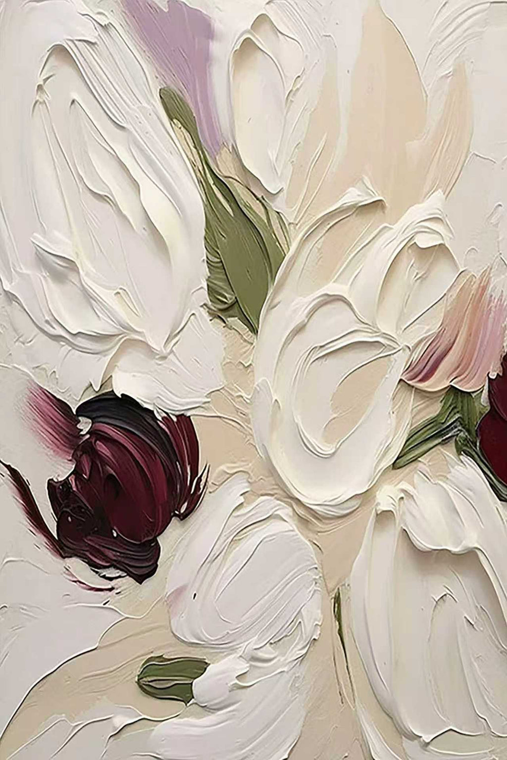 White blooms and a dark plum bud in heavy palette-knife strokes