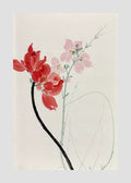 A bold red flower on a black stem beside a delicate pink blossom sprig on pale paper