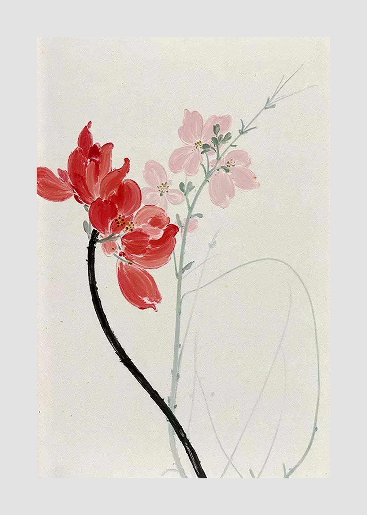 A bold red flower on a black stem beside a delicate pink blossom sprig on pale paper