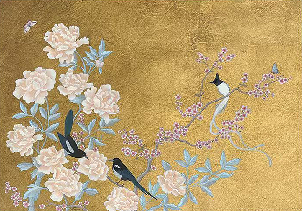 Cream peonies, plum blossom and a pair of magpies with a paradise bird on a gold-leaf ground