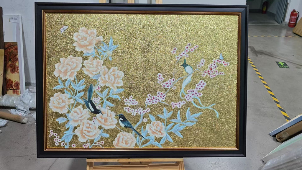Peonies and Magpies on Gold