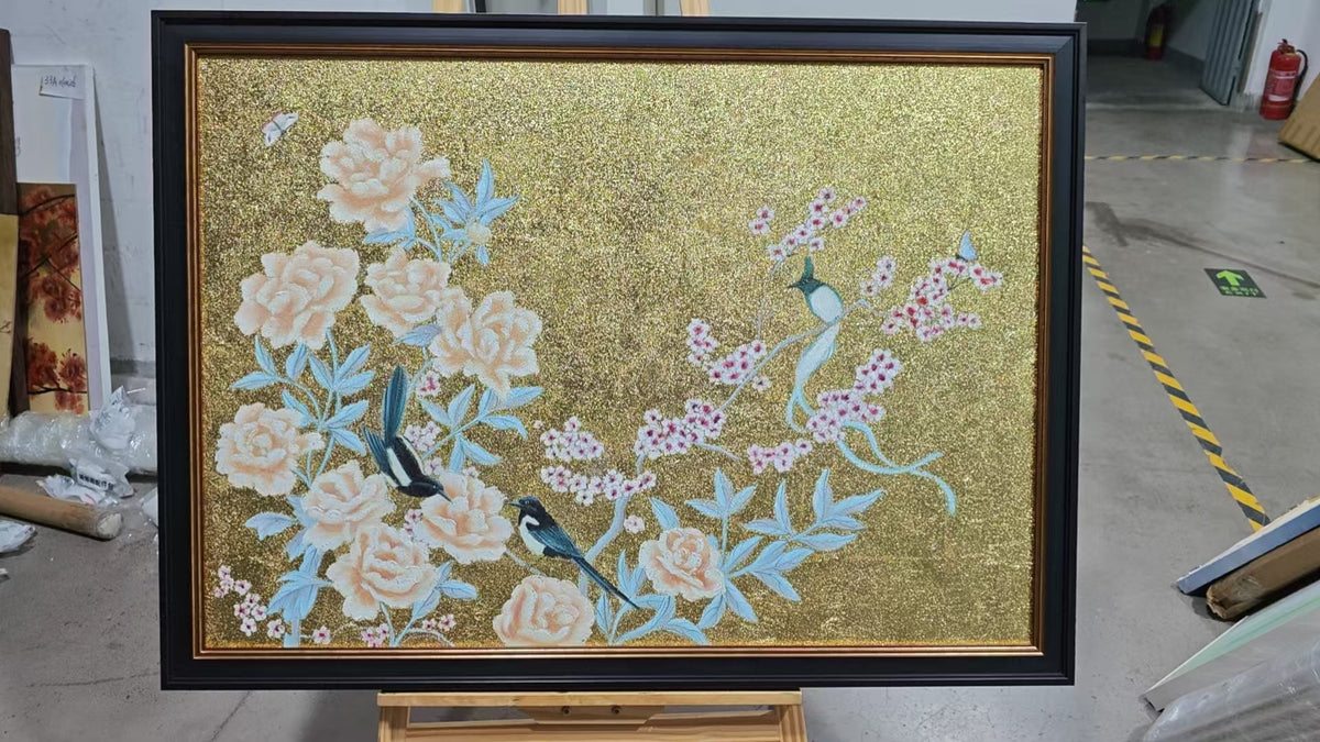 Peonies and Magpies on Gold